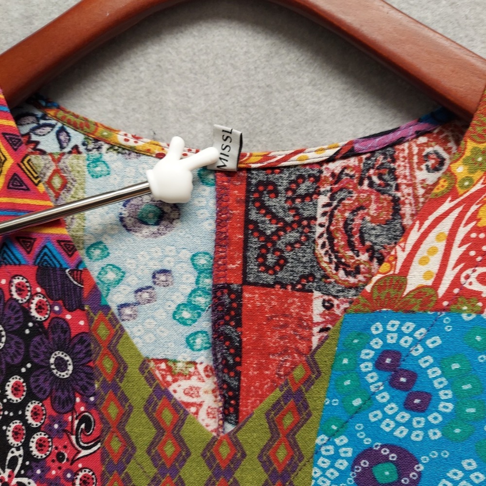 Patchwork Print Maxi Dress Womens XL Boho Festival Colorful Paisley V Neck Indie - Picture 5 of 10
